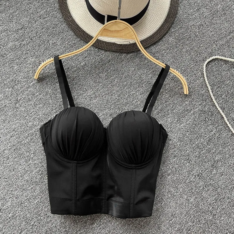 

Sexy folds crop tops 2021 summer new spaghetti strap tanke top women built in bra off shoulder sleeveless solid color camisole