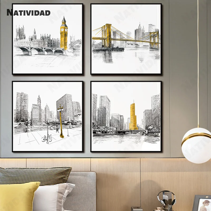 Городская архитектура эскизная карта печатный плакат простой желтый стиль