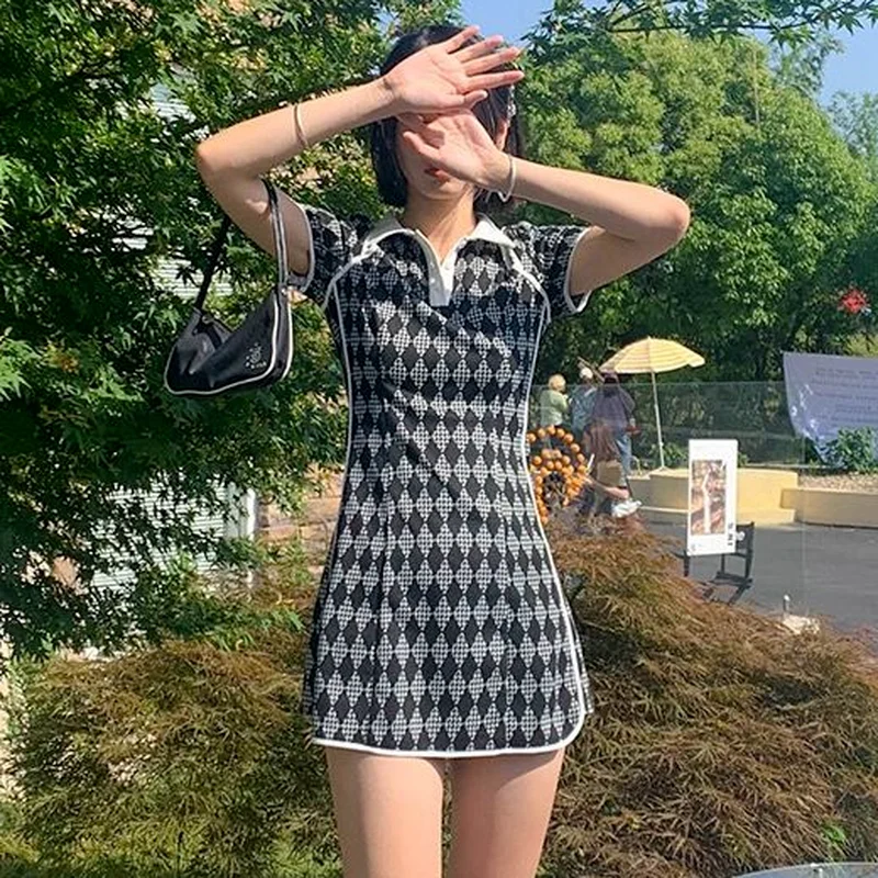 

Dresses Women Short Sleeve Argyle Above Knee Hollow Out Casual Slim Clothes Dress Sexy Streetwear Mujer Fashion Design Students