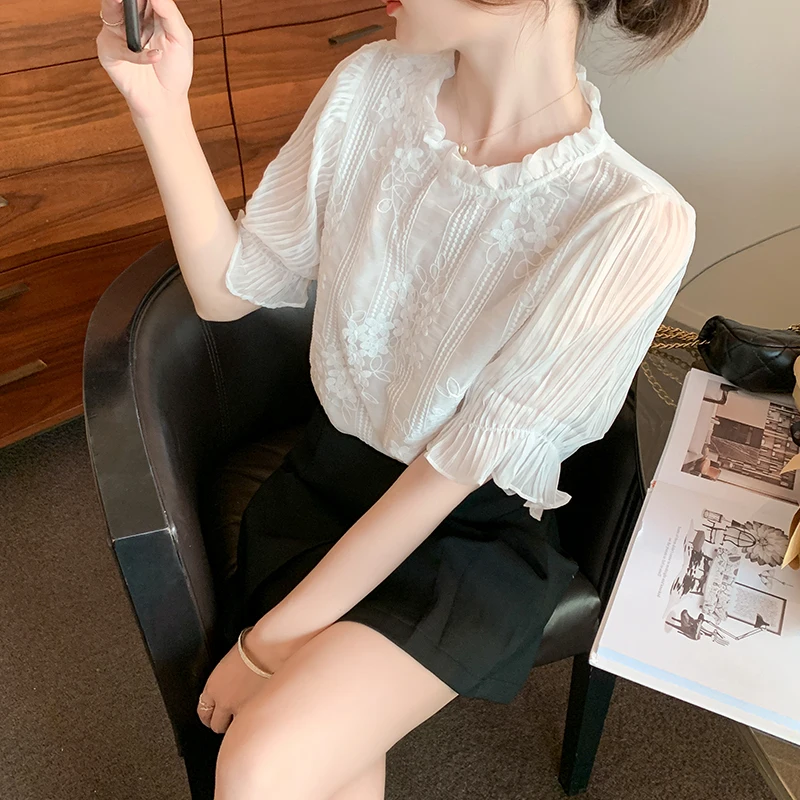 

women white chiffon shirt short sleeve blouse 6250#