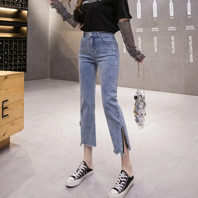 High Waist Jeans Cotton Ankle-Length Pants Spring and Autumn Women's Korean Style Side Zipper Fashion Burr Stretch Straight Tube