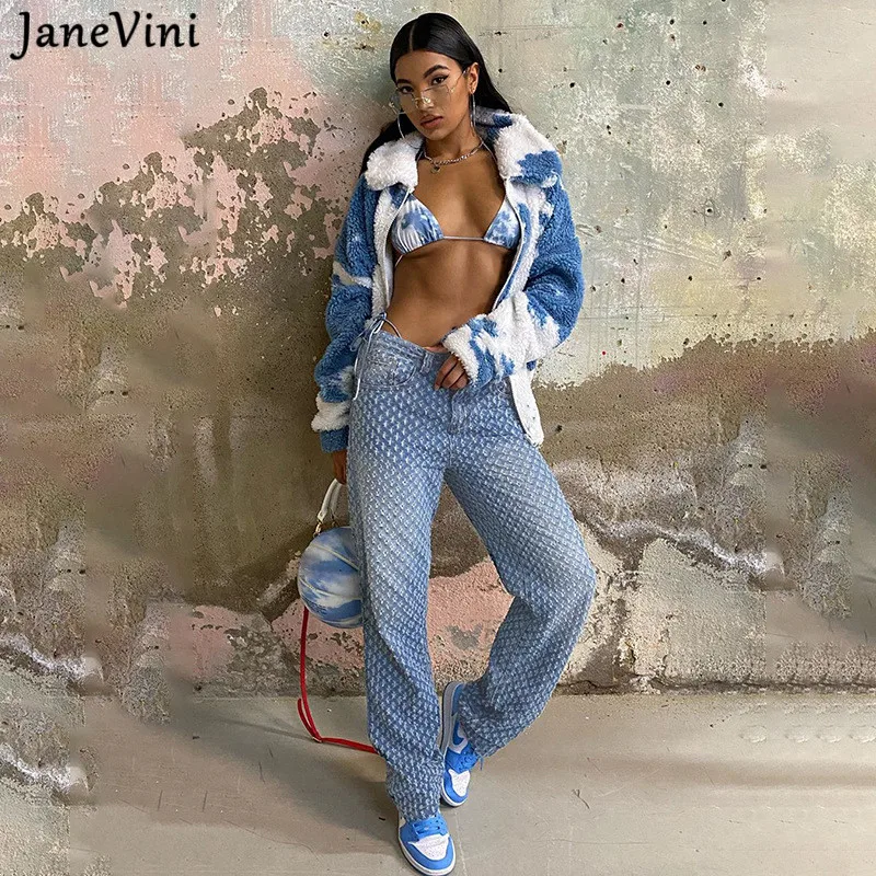JaneVini женские штаны голубые джинсы сезон осень высокая талия длинные в уличном