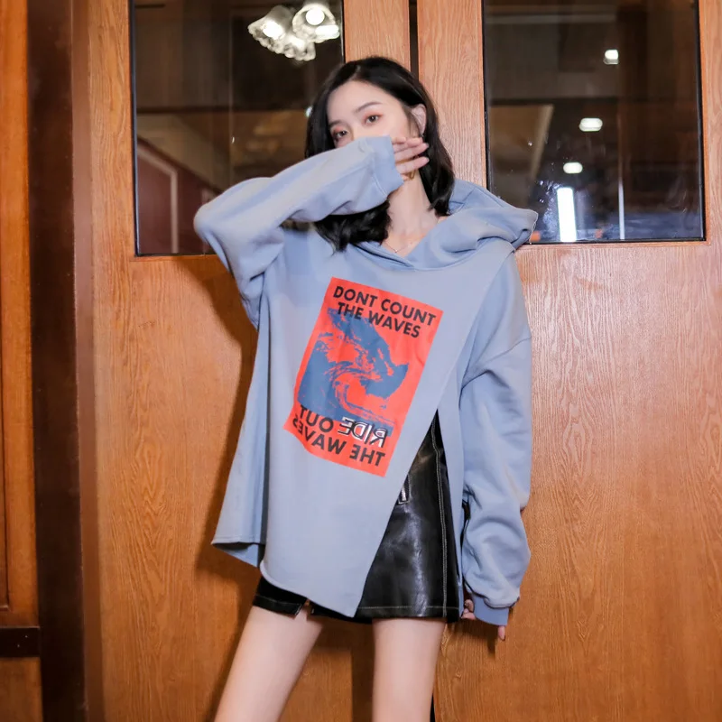 Hong Kong стиль толстовка женская осень подол Сплит личности печати пуловер с