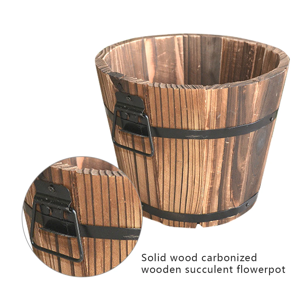 

2pc Wooden Barrel Flower Pot Flat Edge Garden Decor Succulent Plants Flower Barrels Decorations, Medium