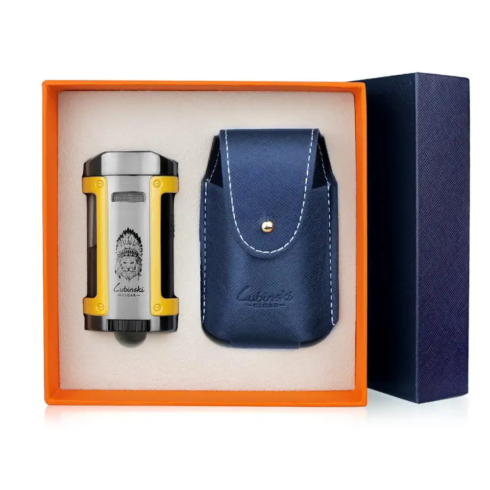 LUBINSKI Metal Cigar Lighter 4 Jet Windproof Torch Lighter Butane
Cigarette Lighters Gas Portable Bulit-in Cigar Holder Stand