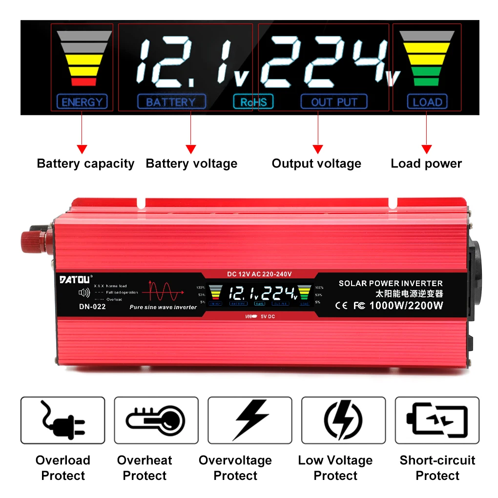 

Pure Sine Wave Inverter 1000W /2000W Peak Power Inverter 12V DC to 110V/220 AC Car Charger Converter with Dual AC Outlets & LED