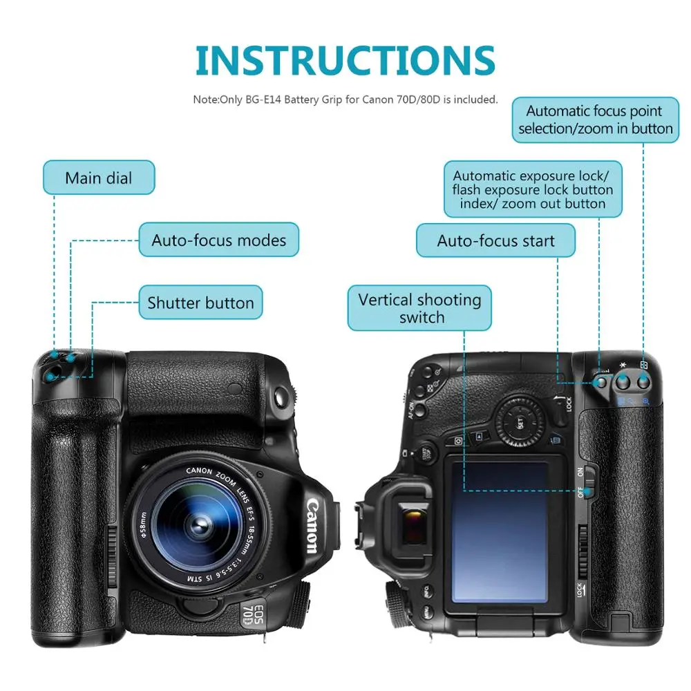 Neewer Батарейный держатель работает с LP-E6 батареей или 6 батареек AA для камеры Canon EOS