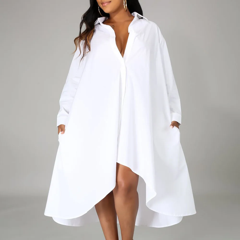 

Casual Women Shirt Dress Oversize Fashion Button African Long Sleeve Asymmetrical Loose Office Lady Spring Autumn Plain Dresses