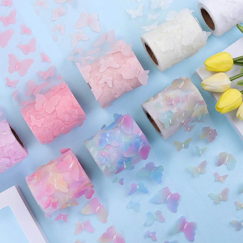 Лента из органзы градиентная разноцветная с бабочками 10 ярдов в рулоне кружевная