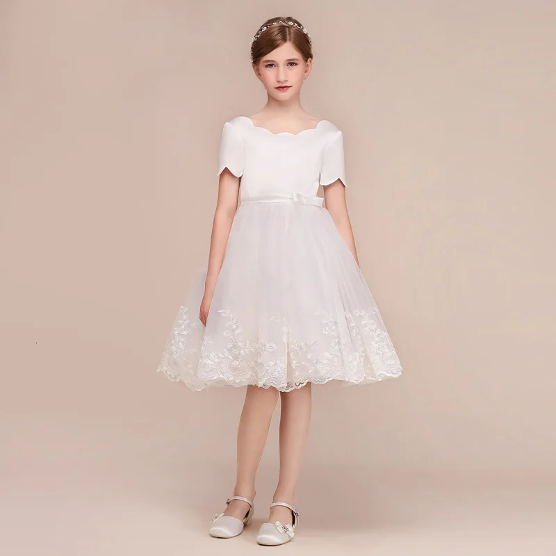 Ball Gown Princess Short White Flower Girl Dresses For Wedding Satin Tulle Girls First Holy Communion Dresses