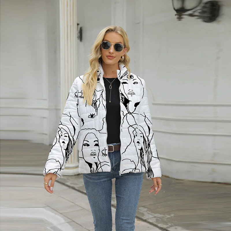 

Warm Coats Women New Fashion Casual Long-sleeved Letter Portrait Print Zipper Cotton Ladies Loose Jackets Vintage Female Outwear