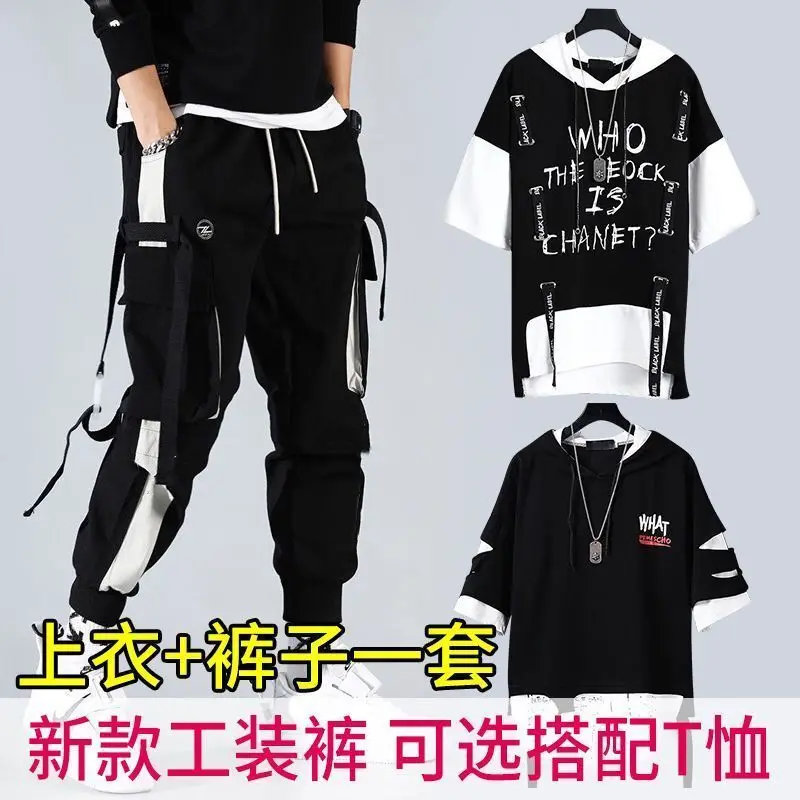 

Short sleeve men's hooded spring and summer a Outfits overalls hip hop Korean version of casual 2021 leggings port trend
