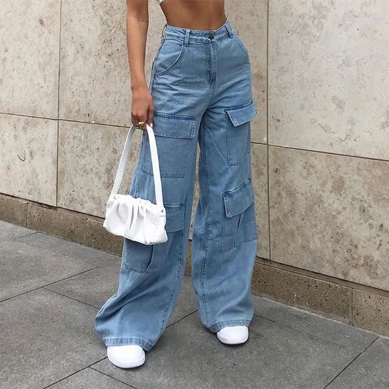 

Women Patchwork Wide Leg Mom Jeans Big Pocket Cargo Pants Vintage Mopping Pants Casual Streetwear Boyfriend Denim Jeans