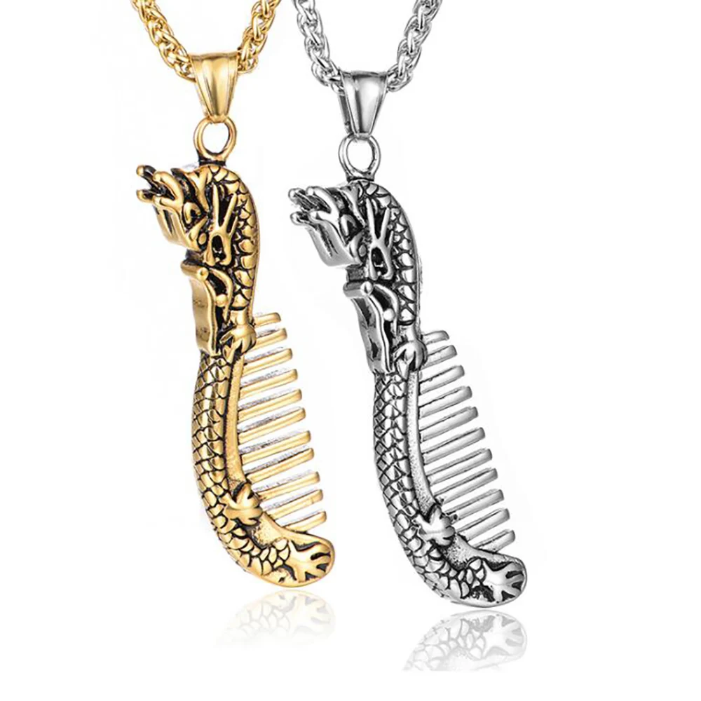 

Stainless Steel Punk Rock Gold Dragon Comb Pendant Necklace Fashion Jewelry Gift For Him with Chain