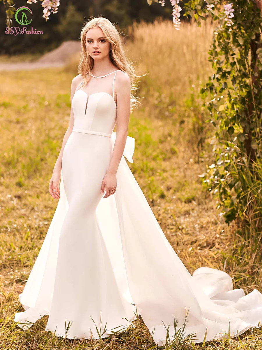 

SSYFashion New White Satin Evening Dress Banquet Sexy Slim Backless Big Bow Sweep Train Long Formal Prom Gown Vestidos De Noche