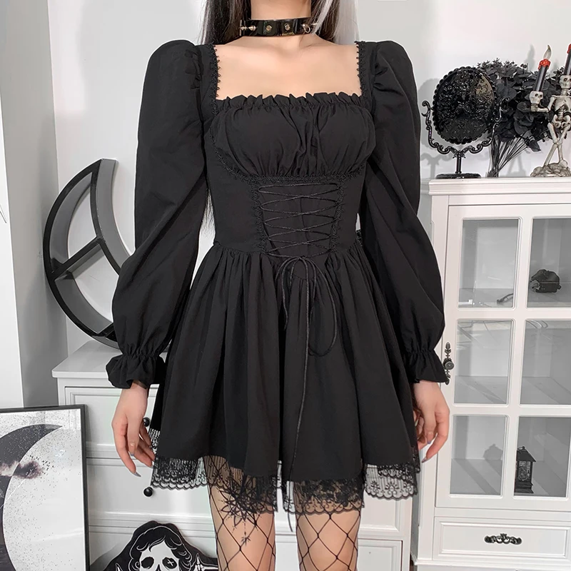 

Womens Punk Gothic Lace Dress Vintage Spaghetti Straps/Long Sleeves Harajuku Mini Dresses E-Girl Goth Party Clubwear