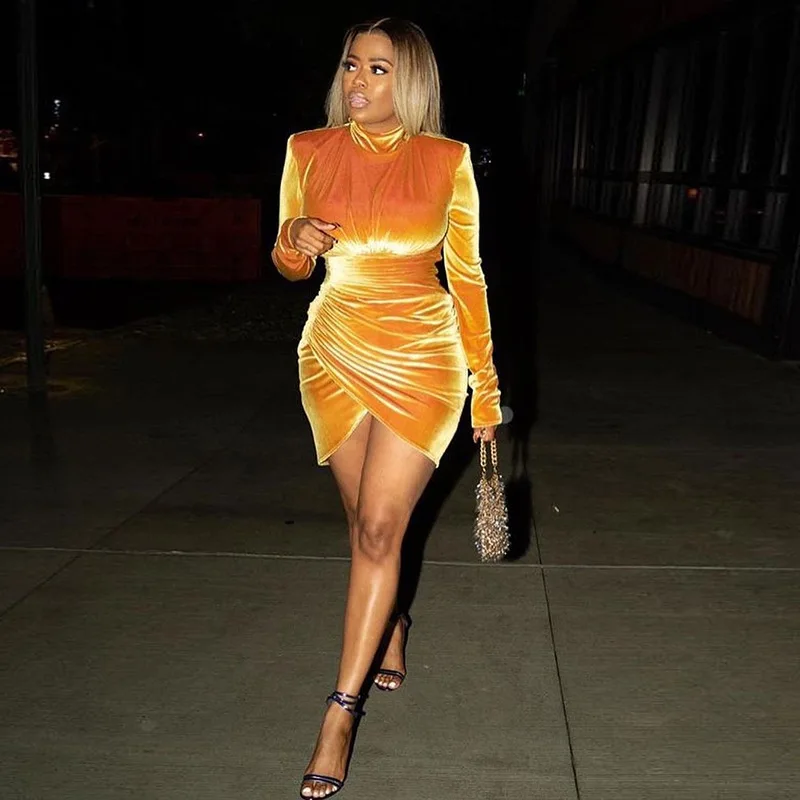 

Yellow Velvet Long Sleeve Birthday Dress for Women Sexy Club Outfits Party Ruched Bodycon Mini Dresses