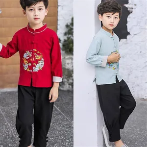 Детский китайский костюм Тан в стиле ретро для мальчиков и девочек с вышивкой дракона женская форма для Тай Чи Кунг-фу Новогодний подарок на день рождения