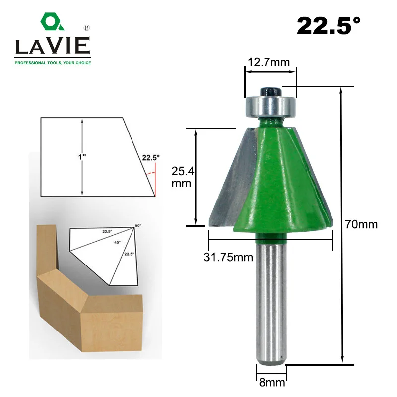 

LAVIE 1pc 8mm Shank Chamfer Router Bit 22.5 Degree Bevel Edging Milling Cutter for Wood Woodorking Machine Tools MC02110-22.5