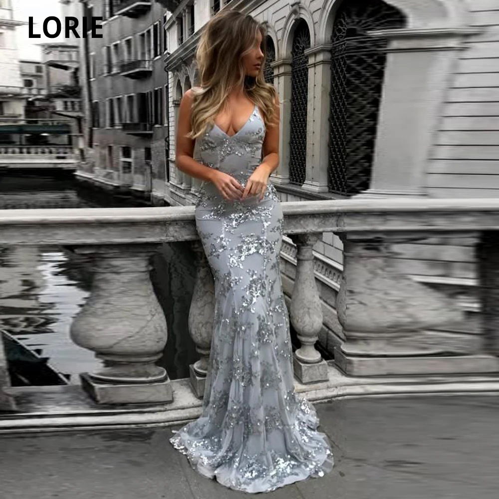 

LORIE Spaghetti Straps Sequin Lace Prom Dresses Mermaid Long Backless Criss Cross Floor Length Formal Party Evening Gowns V-neck