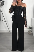 lace long sleeve black jumpsuits evening dresses with bow robe de soiree floor length off shoulder women prom gowns pants suit