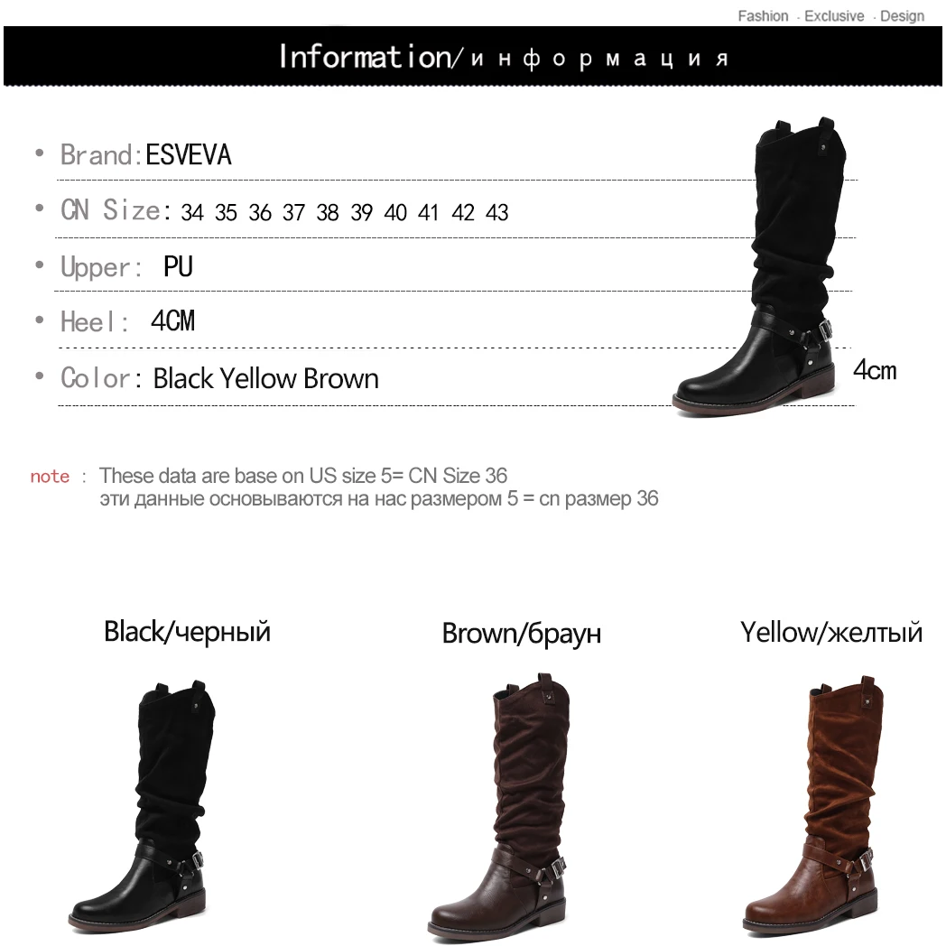 

ESVEVA 2020 Women Boots Mid-calf Boots Round Toe Square Heels Boots Slip On PU Leather Platform Casual Shoes Boot Size 34-43