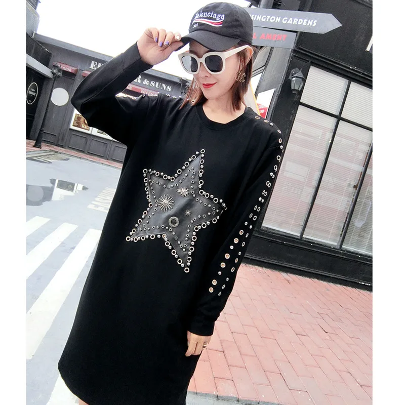 

QING MO Women Five Pointed Star Sweatshirt With Rivet Women Full Sleeve Loose Sweatshirt Dress 2021 Newest ZWL018