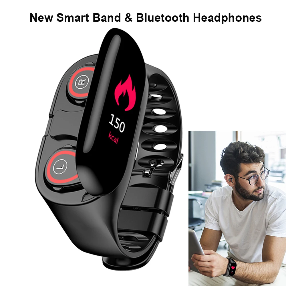 Смарт-браслет M1 и беспроводные Bluetooth наушники для измерения артериального давления 10 м расстояние подключения IP67 водонепроницаемый спортивный браслет