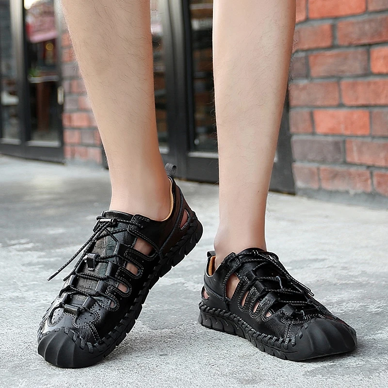 

Mens spring Summer Breathable Sandals Genuine Leather Beach Shoes handmade sewing Casual Slippers Men Sandals big size 48