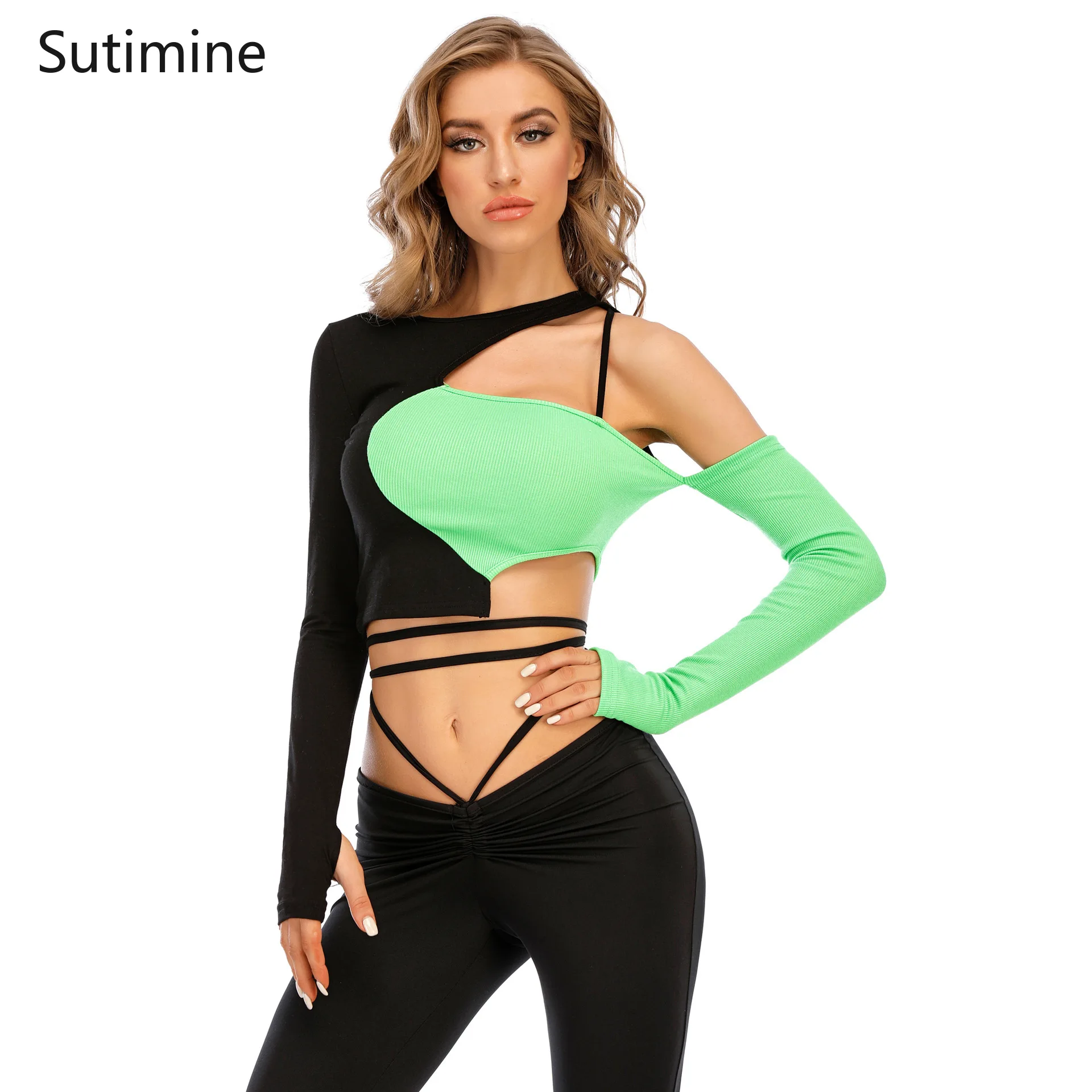 

2021 New Fashion Women's Shirt Sexy Hollow Out Skinny Bodycon Short Top Chic Contrast Irregular Off Shoulder Long Sleeve T-shirt