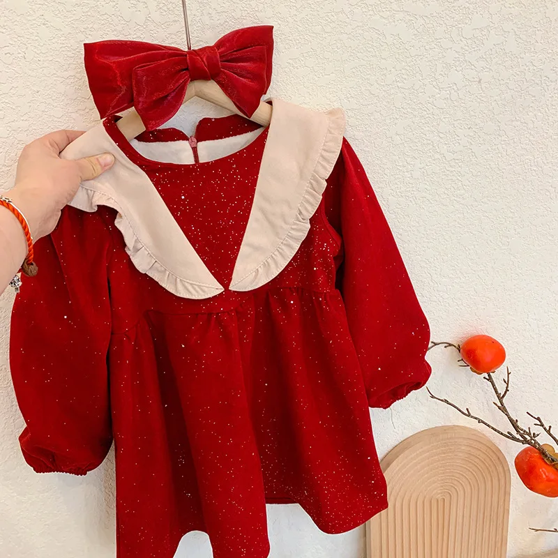 

Детское платье для девочек, осенняя весенняя одежда для девочек, хлопковые красные вечерние платья принцессы с V-образным вырезом на новый год A156