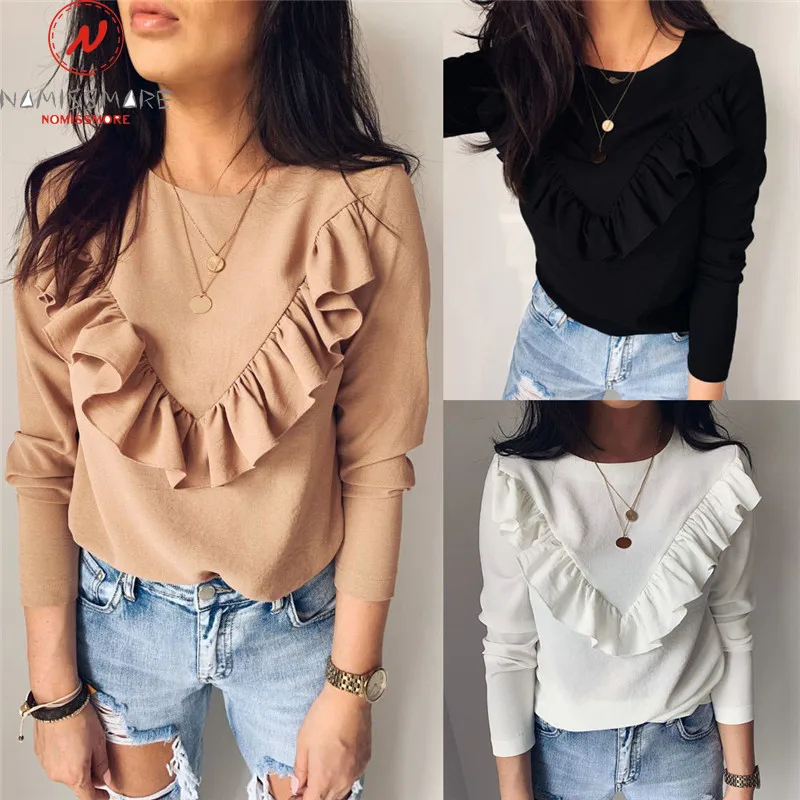 Женские футболки для уличной одежды лоскутный дизайн отделка оборками круглый