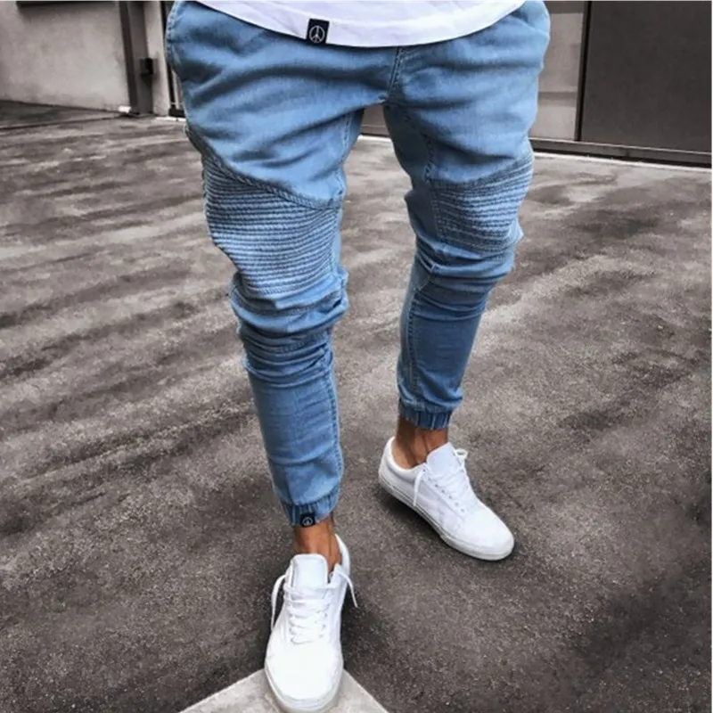 

2020 Autumn New Style Fashion Plicated Jeans Elastic Foot Mouth Pencil Pants Pure Color Casual Loose Denim Trousers