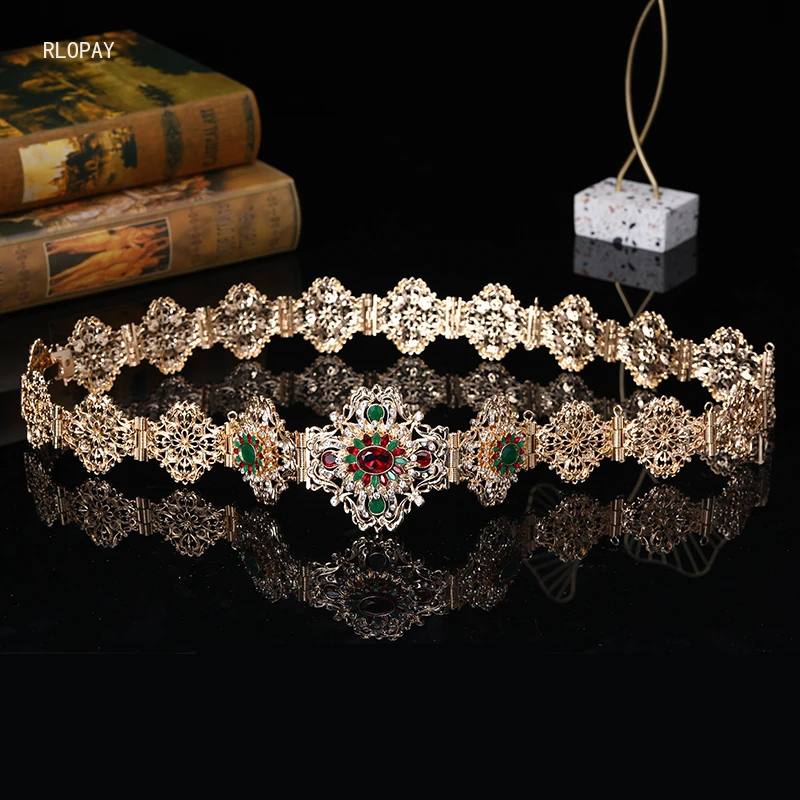 

RLOPYA New Wedding Accessories Gold Woman Belts for Dress Arabic Chic Crystal Belt Morocco Designer Bridal Belt with Rhinestone