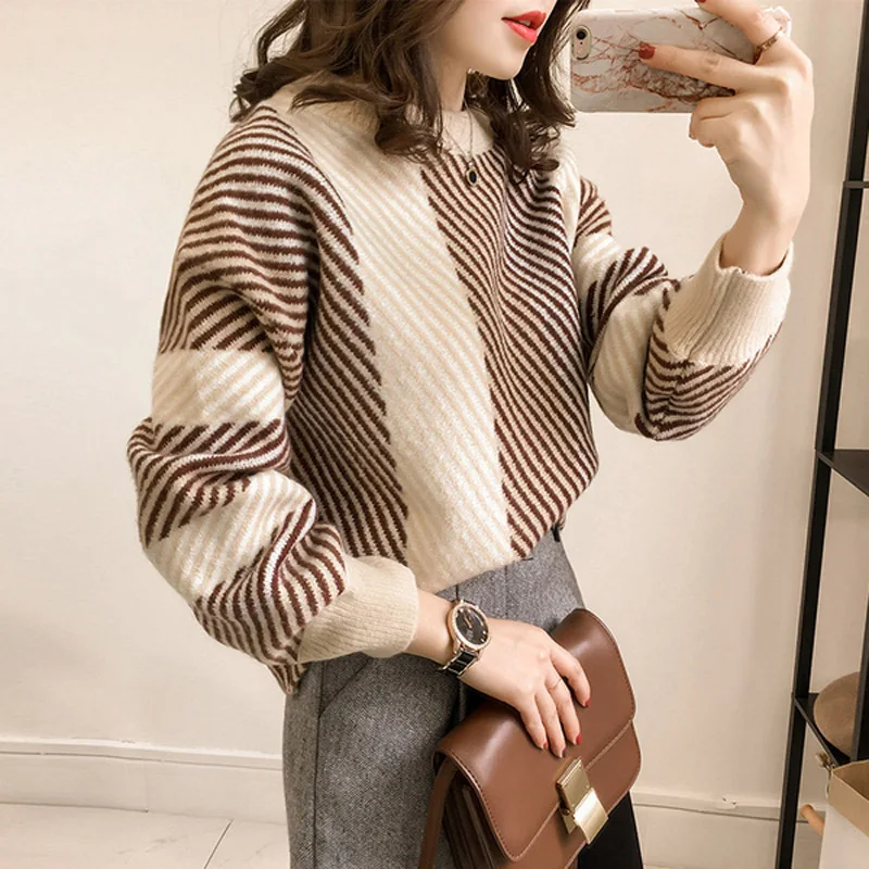 2019 Autumn winter clothes women Sweaters Geometric Stripe Pattern Long Sleeve Tops Lovely Pullovers Knitted Loose Sweater | Женская