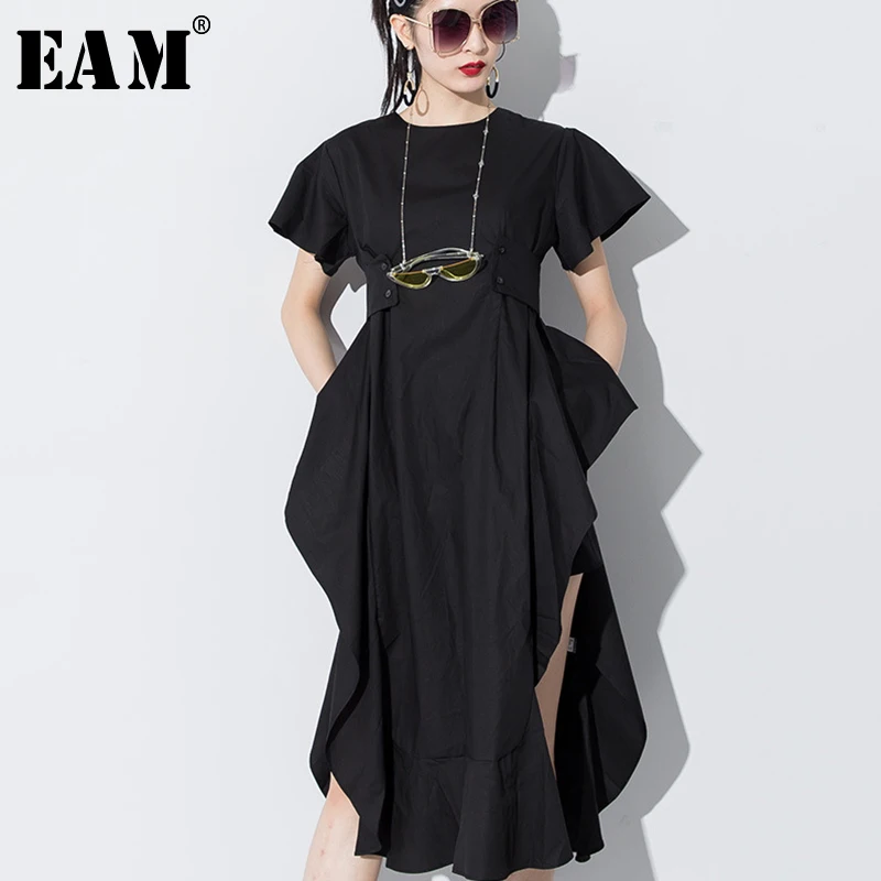 Женское свободное платье [EAM] черное с круглым вырезом коротким рукавом и
