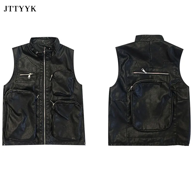 

Autumn Fashion Stand Collar Loose PU Waistcoat Women Personality Big Pocket Tooling Zipper Vest Jacket Women Casual Leather Vest