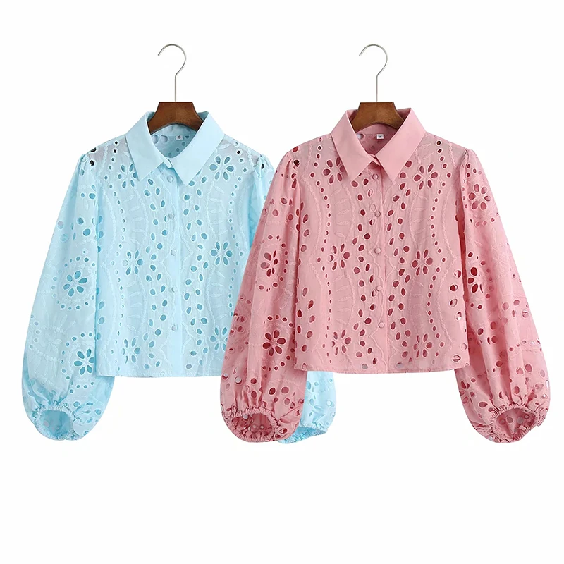 

2021 нишевая дизайнерская ажурная блузка с длинными рукавами-фонариками и лацканами, розовая, синяя Милая Повседневная рубашка, шикарный топ,...