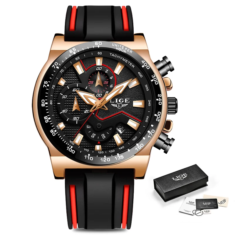Часы LIGE мужские кварцевые водонепроницаемые с силиконовым ремешком|Кварцевые