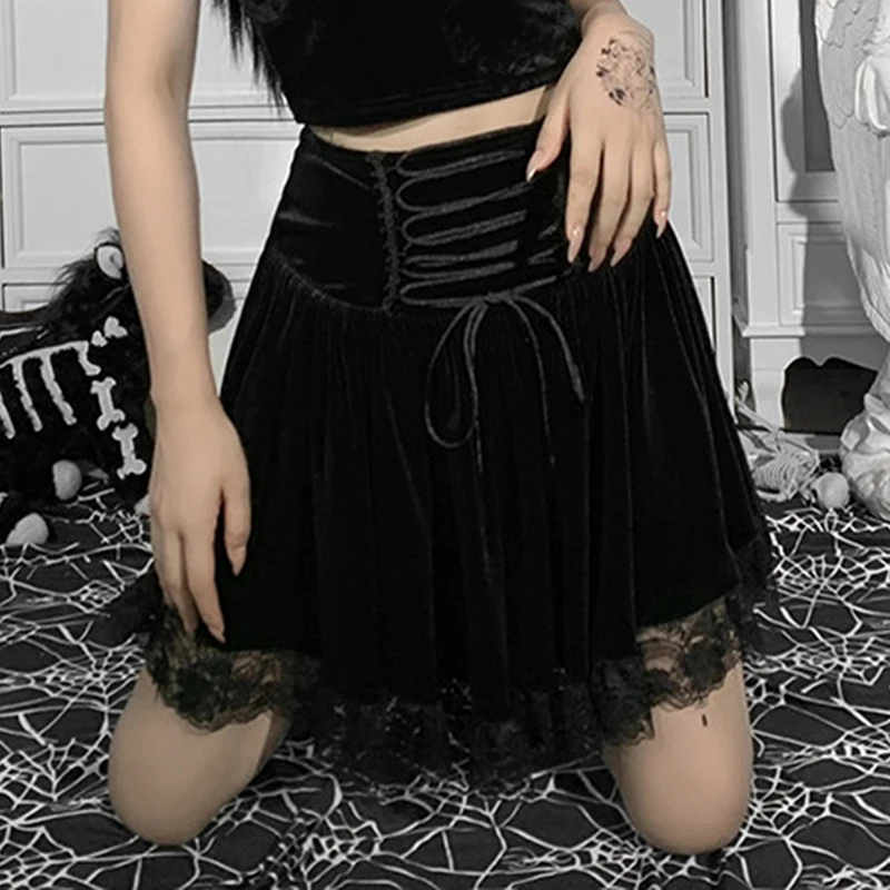 

Women Tie Up Bandage Skirt, Elastic High Waist Casual Lace Floral Hem Autumn Half Length Dress