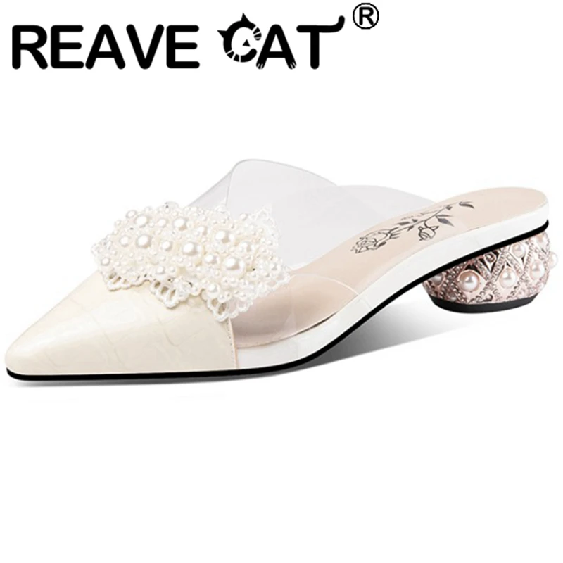 

REAVE CAT 2021 Genuine Leather Rhinestone Ladies Slippers Alligator Texture Flowers Shiny Strange Heel 4.5cm US12 Beige A4236