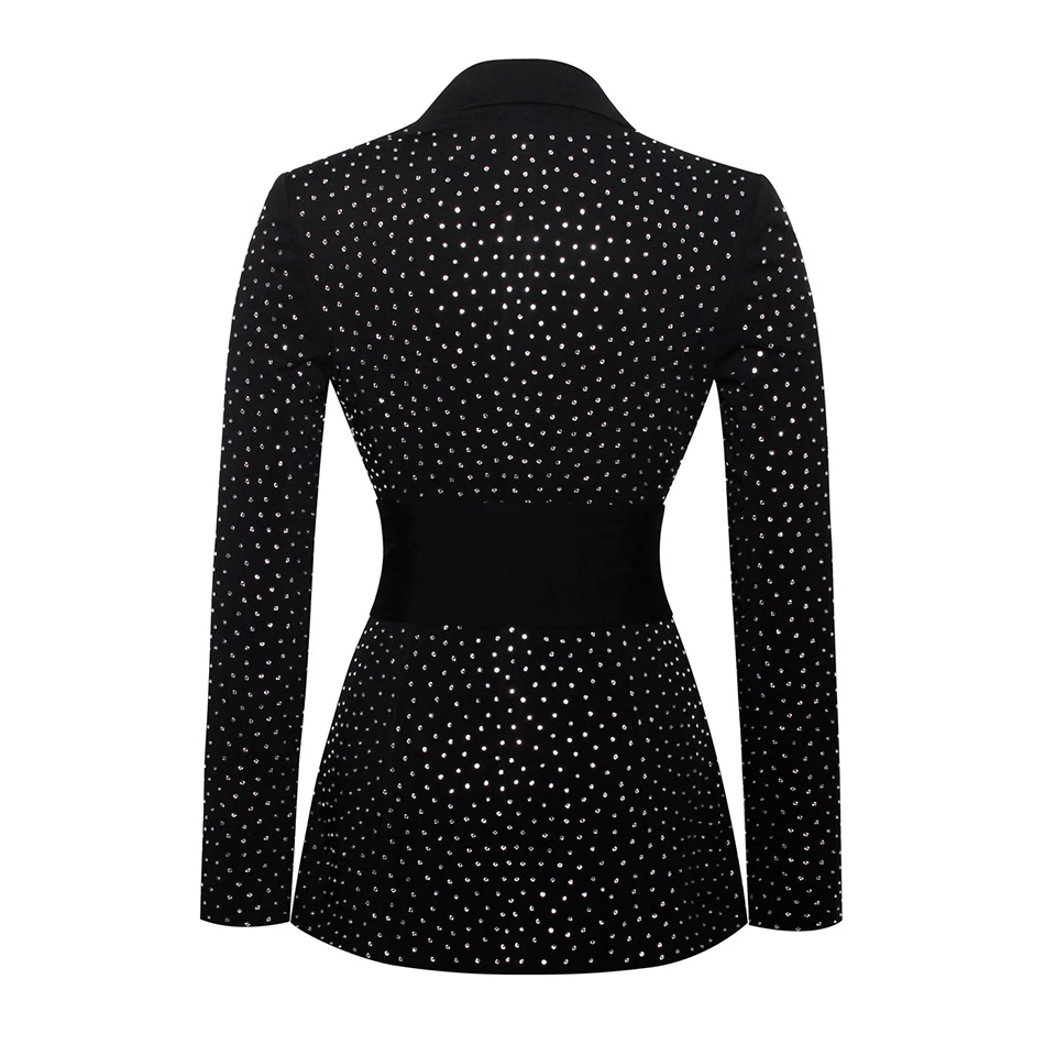 

High Quality Spring 2021 Fashion Women'S Black Lace-Up Slim Jacket Sexy V-Neck Long Sleeve Diamond Celebrity Club Party Coat