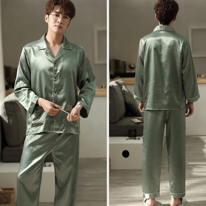 

Pajamas for Men Ice Silk Thin Long-sleeved Trousers Sleepwear Men's Clothing Faux Silk Home Suit Spring Autumn Summer Pajama Set