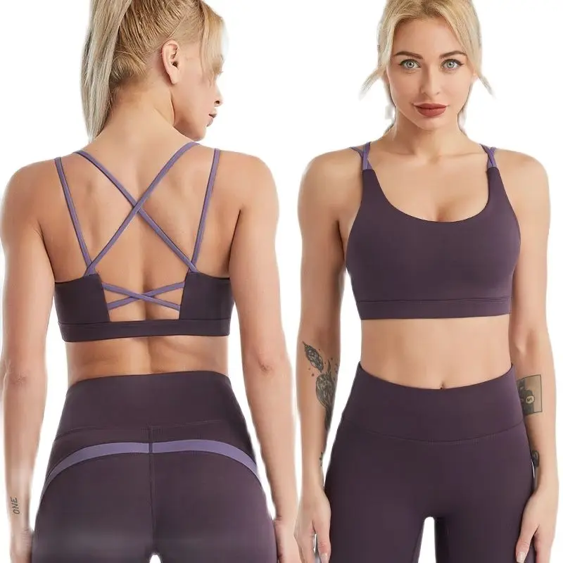 

Ladies'Workout Bra Women Breathable Sports Bra Fitness plain Color Front Cross Side Lace Sports Underwear Full Cup Bra Vest Tops
