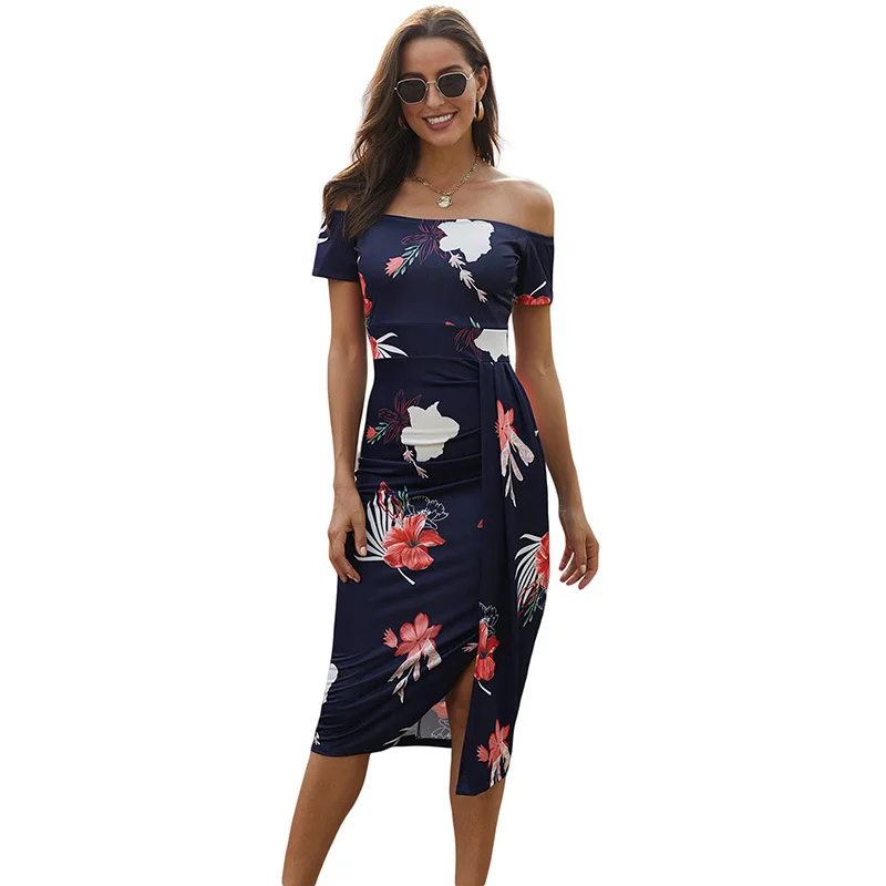 

YIKIUO Party Evening Dress Fashion Elegant Female Dress Sexy One-Shoulder Floral Split Hip Skirt Summer New Style