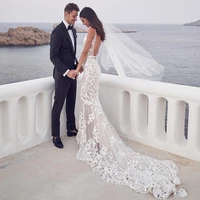 backless mermaid beach wedding dresses 2021 v neck 3d lace applique sweep trumpet steven khalil garden bridal dresses