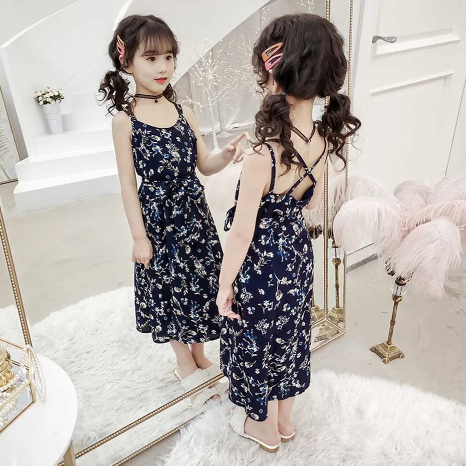 Летнее платье для девочек Платье на бретелях с цветочным принтом Обтягивающие
