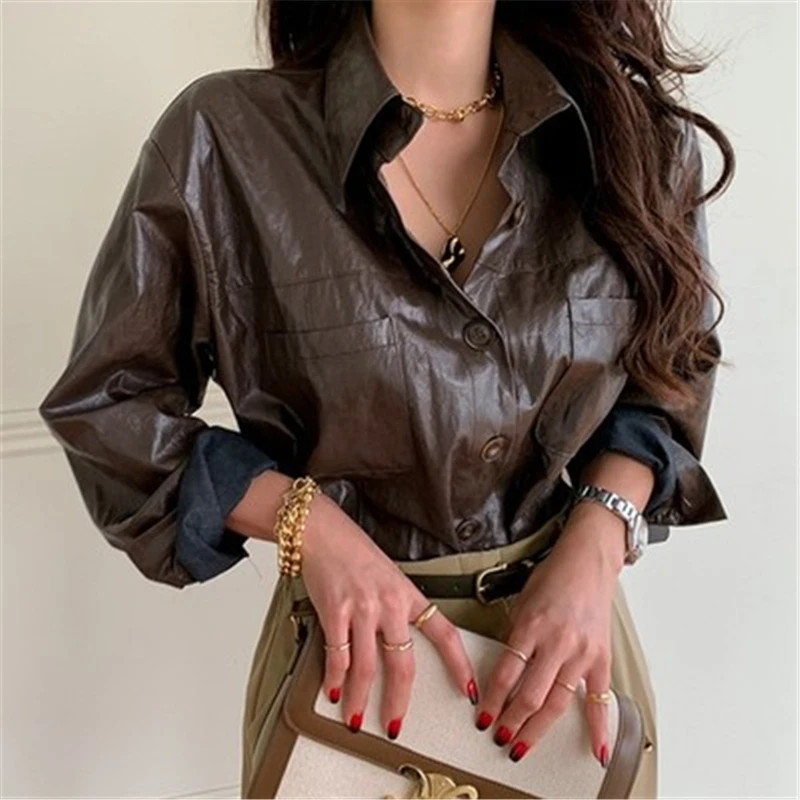 Модные новые одноцветные кожаные Рубашки женские осенние корейские крутые поло