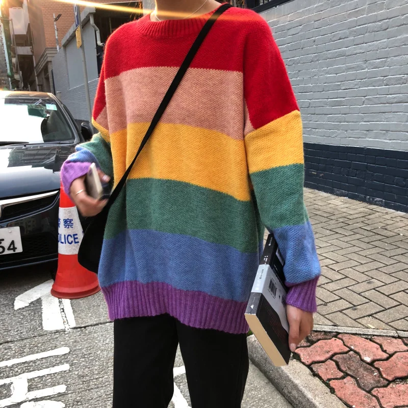 Свитер женский в радужную полоску винтажный джемпер стиле Харадзюку трикотажный