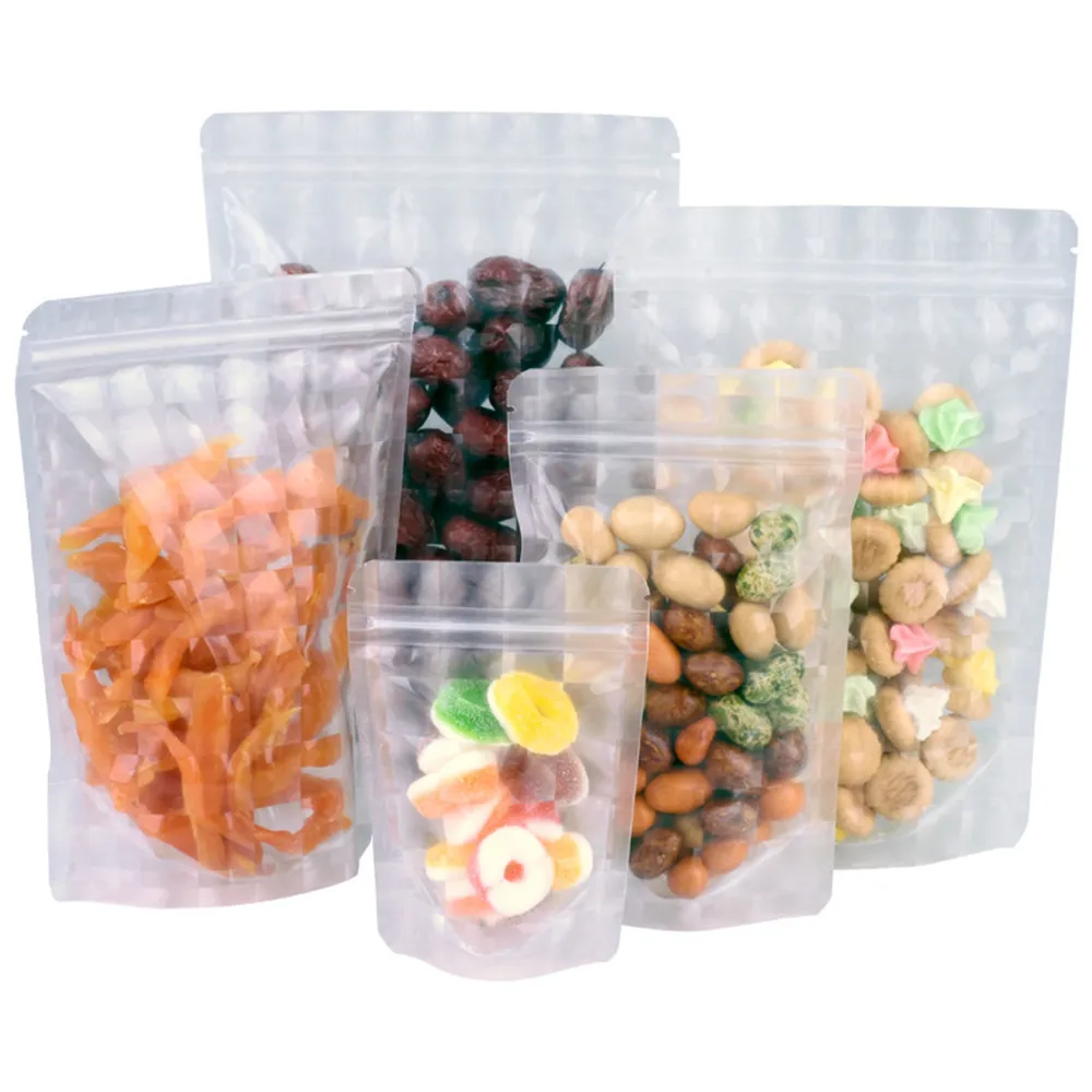 

100Pcs Zip Lock 3D Clear Plastic Stand Up Bag Self Grip Seal Tear Notch Food Snack Doypack Reusable Resealable Packaging Pouches